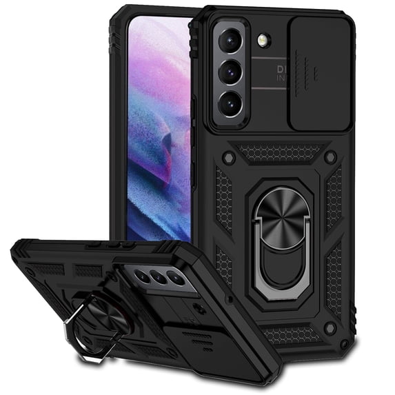 Heavy Duty Armor Case for Samsung Galaxy S23 Plus, Rugged PC Soft TPU Military Grade Shockproof Metal Magnetic Car Mount Shockproof Cover with Camera Lens Sliding Ring Holder Bracket Case,Black