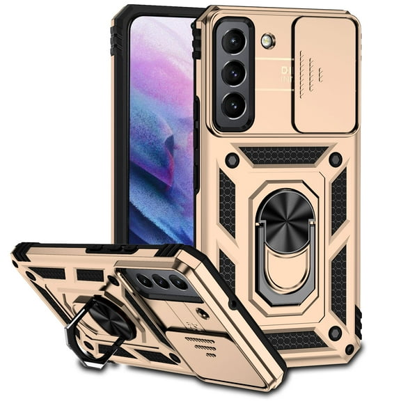 Heavy Duty Armor Case for Samsung Galaxy S23, Rugged PC Soft TPU Military Grade Shockproof Metal Magnetic Car Mount Shockproof Cover with Camera Lens Sliding Ring Holder Bracket Case,Gold