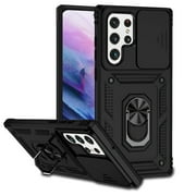 Heavy Duty Armor Case for Samsung Galaxy S23 Ultra, Rugged PC Soft TPU Military Grade Shockproof Metal Magnetic Car Mount Shockproof Cover with Camera Lens Sliding Ring Holder Bracket Case,Black