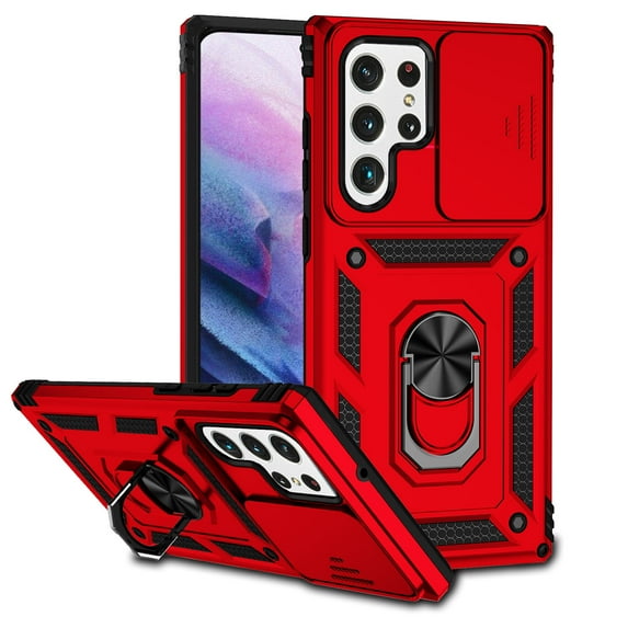 Heavy Duty Armor Case for Samsung Galaxy S23 Ultra, Rugged PC Soft TPU Military Grade Shockproof Metal Magnetic Car Mount Shockproof Cover with Camera Lens Sliding Ring Holder Bracket Case,Red