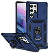 Heavy Duty Armor Case for Samsung Galaxy S23 Ultra, Rugged PC Soft TPU Military Grade Shockproof Metal Magnetic Car Mount Shockproof Cover with Camera Lens Sliding Ring Holder Bracket Case,Blue