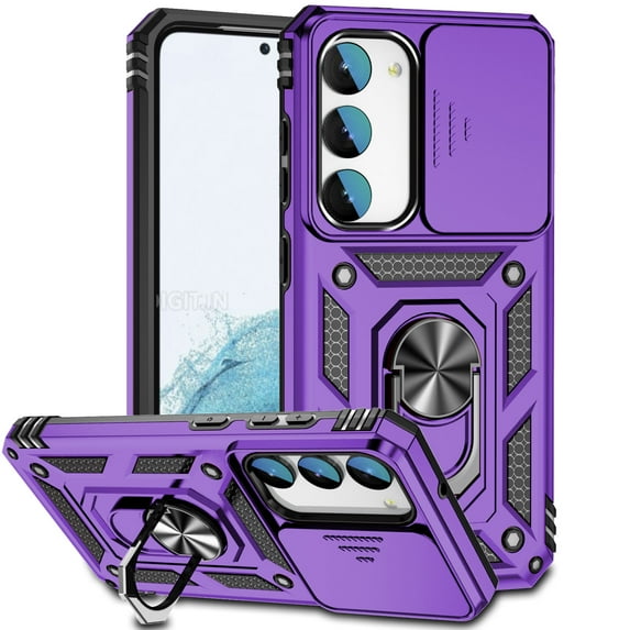Heavy Duty Armor Case for Samsung Galaxy S24 with Camera Lens Sliding Cover Ring Holder Bracket, Hard PC + TPU Military Grade Shockproof Metal Magnetic Car Mount Shockproof Case, Purple