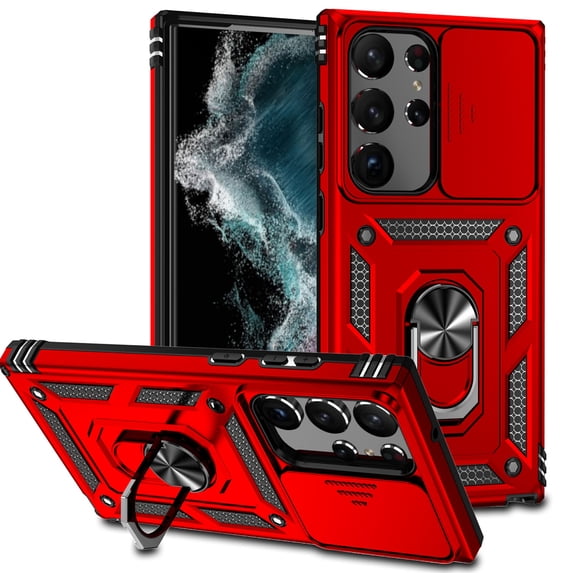 Heavy Duty Armor Case for Samsung Galaxy S24 Ultra with Camera Lens Sliding Cover Ring Holder Bracket, Rugged PC + TPU Military Grade Shockproof Metal Magnetic Car Mount Shockproof Case, Red