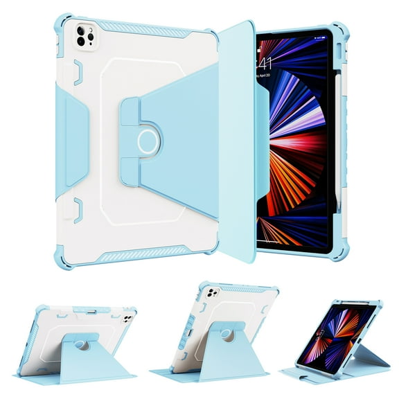 Heavy Duty Armor Case for iPad Pro 6th/5th/4th/3rd Gen 12.9" (2022/2021/2020/2018), Rotated Kickstand Design Soft TPU Rugged PC Shockproof Cover with Auto Wake/Sleep Pen Holder Slim Flip Case, Blue