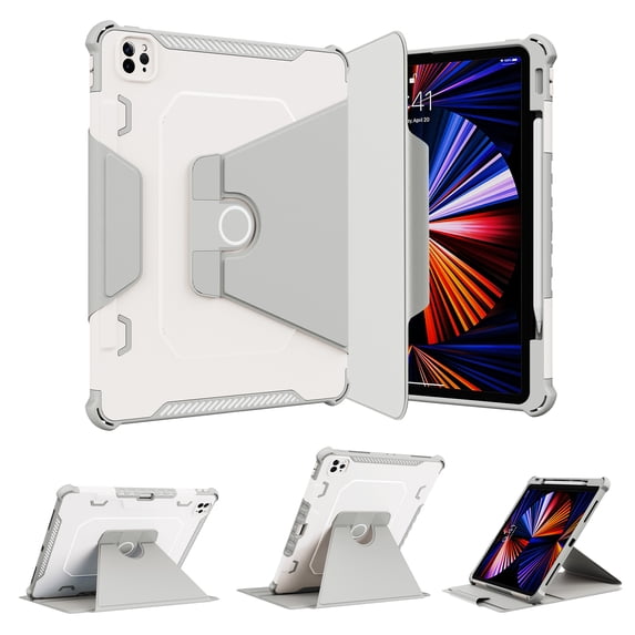 Heavy Duty Armor Case for iPad Pro 6th/5th/4th/3rd Gen 12.9" (2022/2021/2020/2018), Rotated Kickstand Design Soft TPU Rugged PC Shockproof Cover with Auto Wake/Sleep Pen Holder Slim Flip Case, Gray