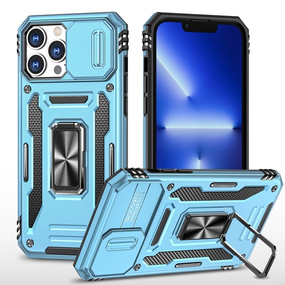 Heavy Duty Armor Case for iPhone 12 Pro Max 6.7 Inch, Soft TPU Bumper Drop Resistant Shockproof Case with Camera Slide and Adjustable Metal Bracket Cover for iPhone 12 Pro Max,Lightblue