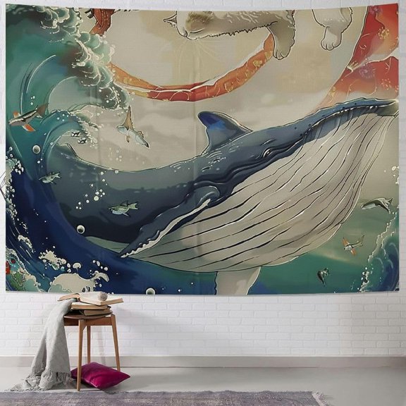 Heavy Duty Asian Ukiyoe Art Japanese Cat Surfing Whale The Great Waves Fabric Funny Tapestry Wall Hangings with Accessories, Home Dorm Bedroom Wall Art Dcor 40x30inch