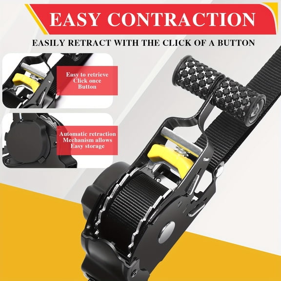 Heavy-Duty Auto-Retractable Ratchet Straps, 1X10, Featuring Soft Loops for Securing Motorcycle Handlebars, Cargo Trailers, And Trucks. Designed for Easy Storage Without Tangling, in Black