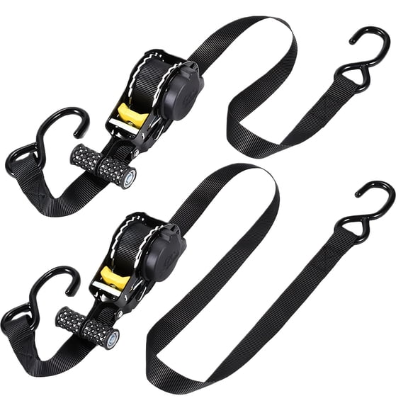Heavy-Duty Auto-Retractable Ratchet Straps, 1X10, Featuring Soft Loops for Securing Motorcycle Handlebars, Cargo Trailers, And Trucks. Designed for Easy Storage Without Tangling, in Black