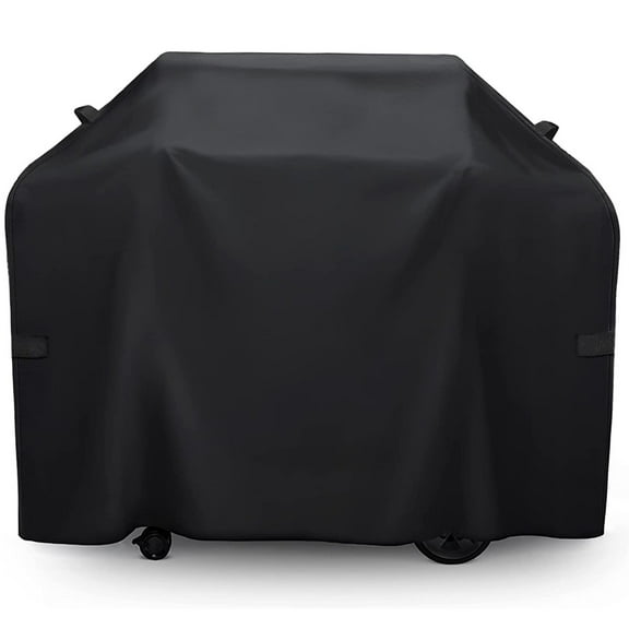 Heavy Duty BBQ Grill Cover, Waterproof & Weather Resistant. UV, Fade & Rip-Proof Material. Hook-and-Loop Straps & Adjustable Hem Drawstring. Fits Weber, Genesis, Charbroil Etc. Black.