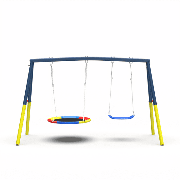 【LuckyNote】Heavy-Duty A-Frame Swing Stand, 330lbs Capacity with Saucer Swing & Belt Swing Seat for Backyard, Blue