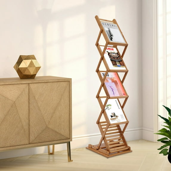 Heavy Duty Bamboo Rack 5 Layers Foldable Magazine File Shelf Pop-up Book Stand
