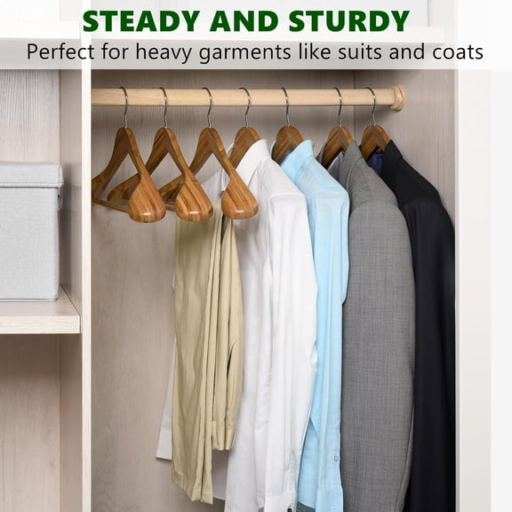 Heavy Duty Bamboo Wooden Hangers with Wide Shoulders and Pants Bar, 6 Pack Multipack, Organizes Jackets, Suits, Coats, Dresses, and Pants Neatly