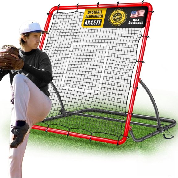 Heavy Duty Baseball Rebounder Net 4x4.5 FT Pitchback with 3 Adjustable Angles, Baseball and Softball Bounce Net for Ground, Line Drive, Fly Ball Return Settings Fielding Trainer