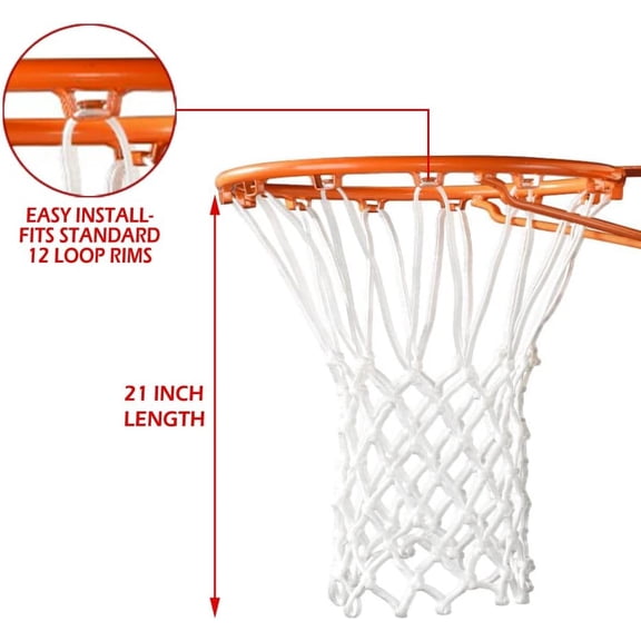 Heavy Duty Basketball Net Replacement, (7.47 oz) Upgrade Professional Basketball Net,All-Weather Anti Whip 21 inches Standard Thick Nets, 12 Loops for Indoor and Outdoor Replacement Net (White)
