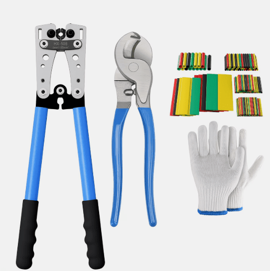 Heavy-Duty Battery Cable Crimping Tool Kit for AWG 8-1/0, Includes Ratchet Crimping Plier, Cable Wire Cutters, 60Pcs Copper Wire Lugs, 164Pcs Heat Shrink Tubing & Work Gloves.