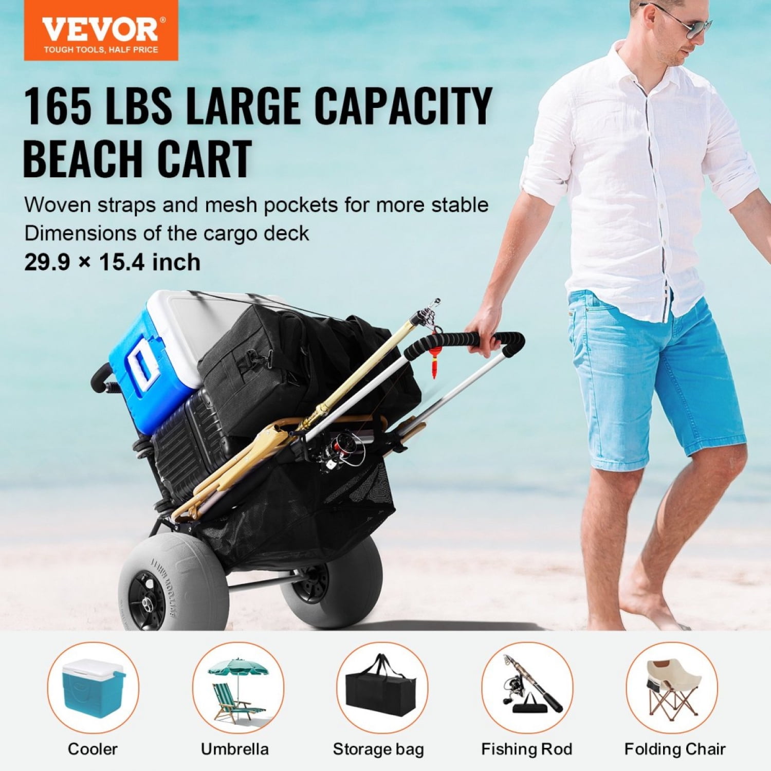 Heavy Duty Beach Dolly with 12 Inch Balloon Wheels 165LBS Capacity Folding Adjustable Height