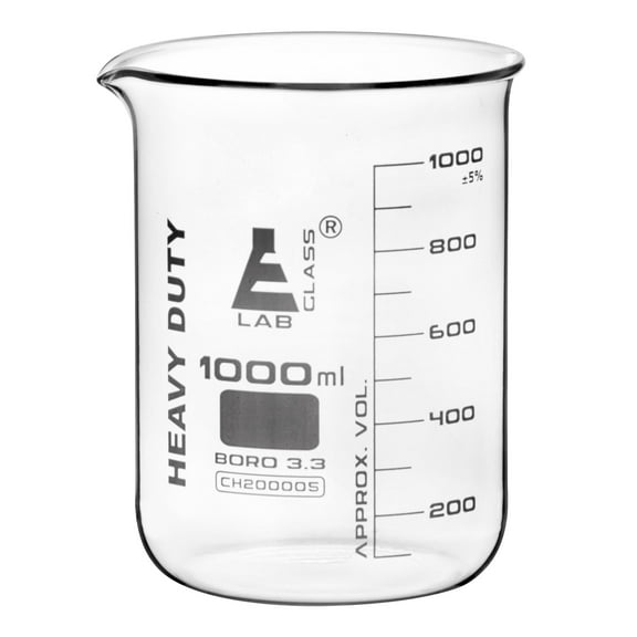 Heavy Duty Beaker, 1000ml - 5mm Thick, Uniform Walls - Superior Durability & Chemical Resistance - White Graduations - Borosilicate 3.3 Glass - Eisco Labs