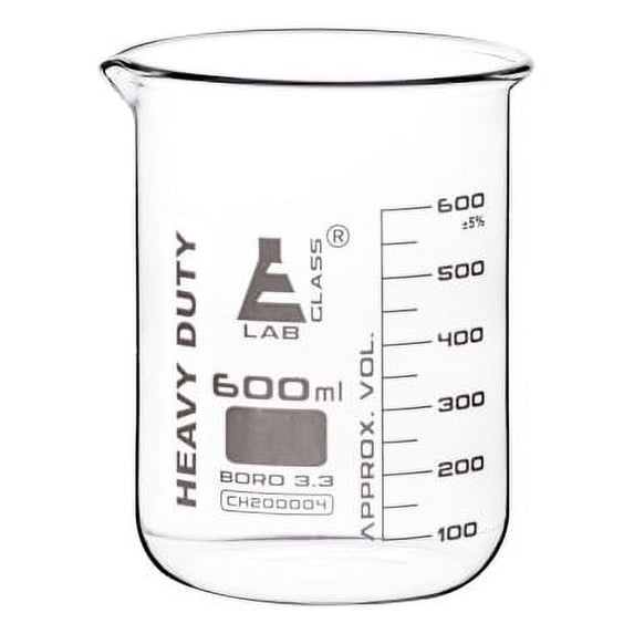 Heavy Duty Beaker, 600ml - 5mm Thick, Uniform Walls - Superior Durability & Chemical Resistance - White Graduations - Borosilicate 3.3 Glass - Eisco Labs