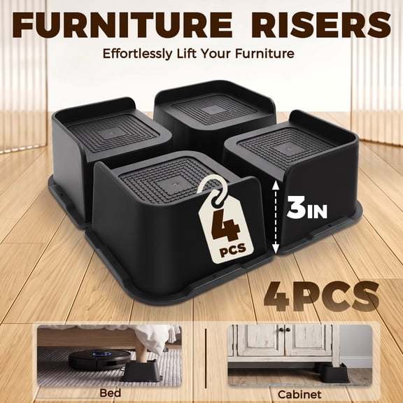 Heavy Duty Bed Risers 3 Inch, 4 Pack Furniture Risers Support up to 6000 Lbs, Oversized Bed Lifts for Couch, Sofa, Table, Chair, Bed Frame & College Dorm, Black