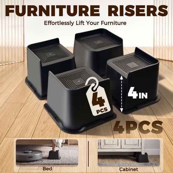 Heavy Duty Bed Risers 4 Inch, 4 Pack Furniture Risers Support up to 6000 Lbs, Oversized Bed Lifts for Couch, Sofa, Table, Chair, Bed Frame & College Dorm, Black