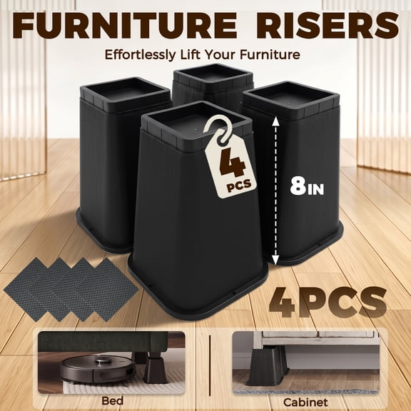 Heavy Duty Bed Risers 8 Inch,4 Pack Furniture Risers Support up to 6,000 Lbs, Sturdy Bed Lifts for Bed Frame, Sofa, Couch, Table & Desk Legs