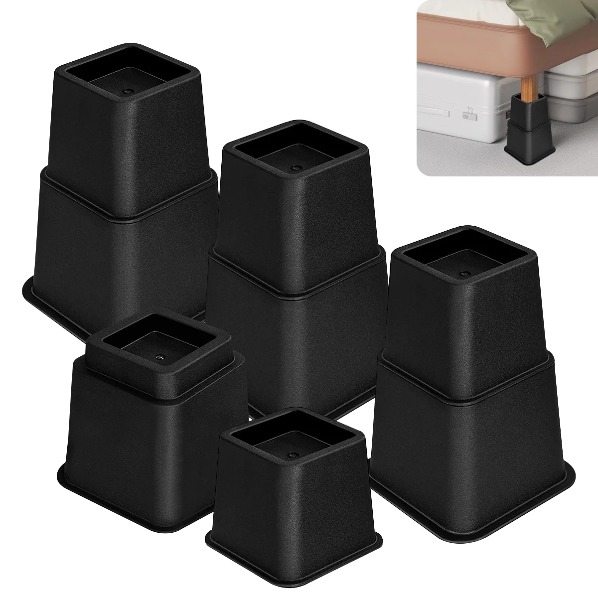 Heavy Duty Black Adjustable Bed and Furniture Risers Set