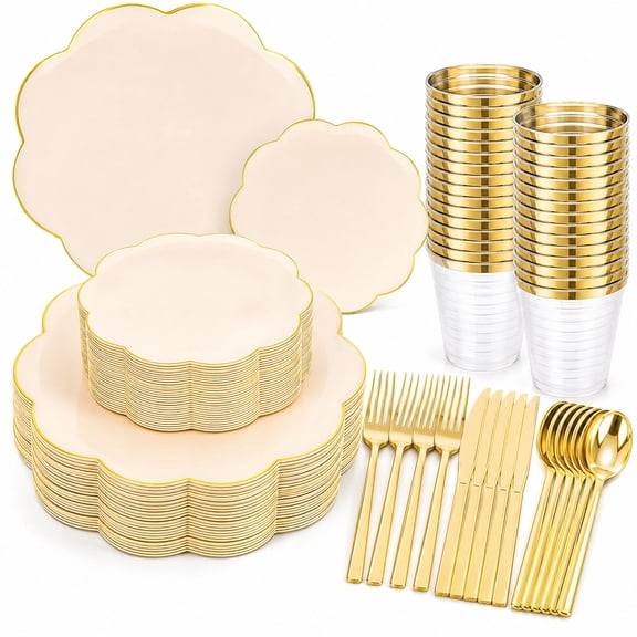 Heavy-Duty Beige Plastic Plates with Gold Silverware for Wedding, Afternoon Tea, Spring, Mother's Day, Valentine's Day, Easter 180pcs Disposable Dinnerware Set for 30 Guests