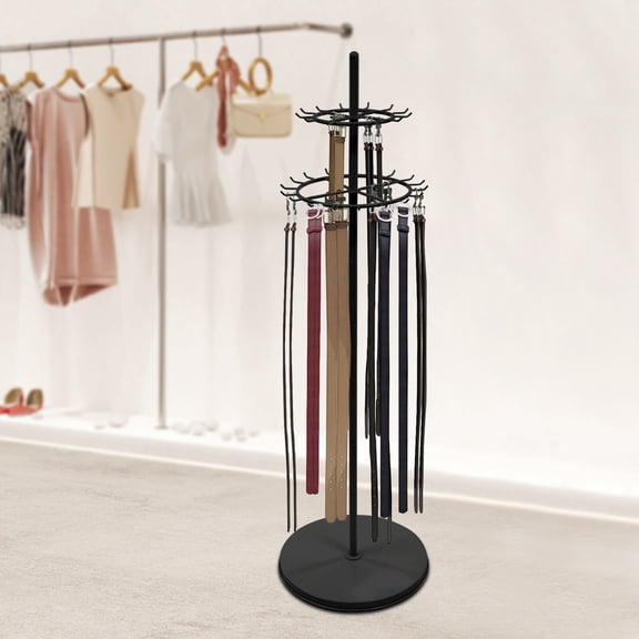 Heavy Duty Belt Display Rack 31 Hooks  Steel Floor Standing Tie Rack Organizer, 2 Tier Rotating Circular Stand for Belts, Scarves, Bags, Hats, Tools, 44 Lbs Load Capacity Per Tier, Black
