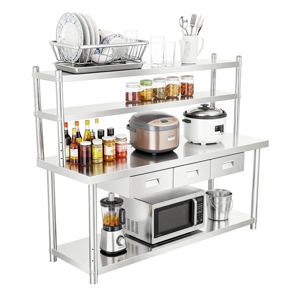 Heavy Duty Bench, Commercial Work Tables, 3-Drawer Stainless Steel Work Table, Utility Prep Station with Overshelves & Drawers & Under-Shelf Storage, 72" X 24" Worktable, Silver for Home Kitchen