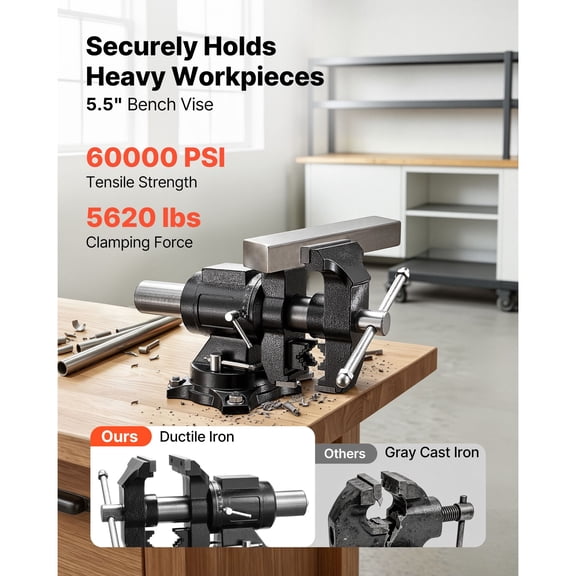 Heavy Duty Bench Vise, 5.5" Jaw Width, Double Swivel Rotating Multi-Purpose Bench Vise, with 360 Locking Swivel Base and Head, 2.76" Throat Depth, 5" Max Jaw Opening, for Drilling Pipe Cutting