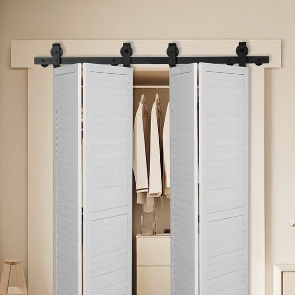 Heavy Duty Bi-Folding Sliding Barn Door Hardware Track Kit 52", Fits Four 12" Doors, Adjustable Rollers, DIY Friendly