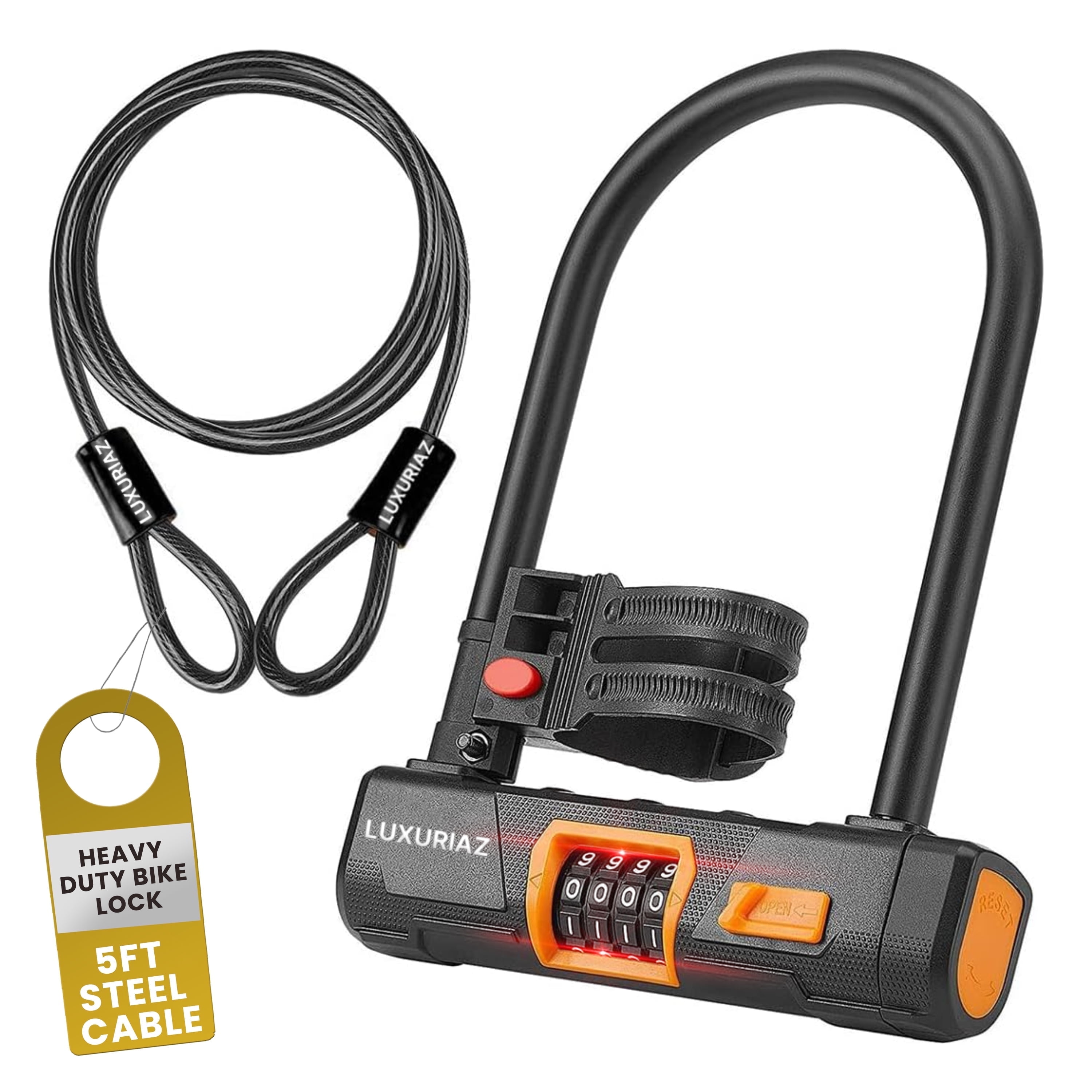 Luxuriaz Heavy Duty U-Lock with 5ft Cable - 4-Digit Resettable Combo Bike Lock