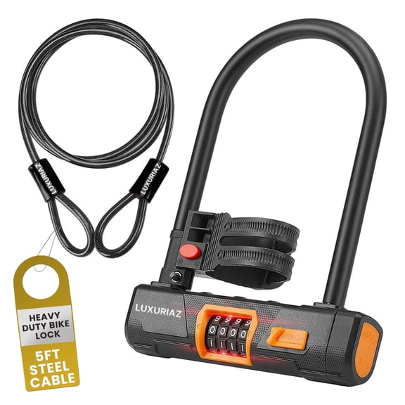 Luxuriaz 4-Digit Resettable Combination Bike U-Lock with 5ft Cable | Secure Bicycle Frame and Wheels