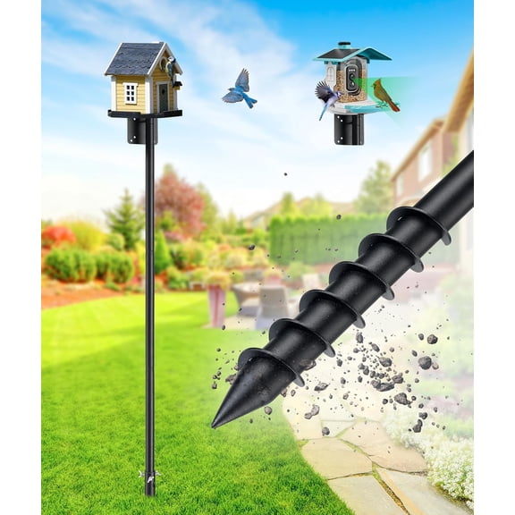 Heavy Duty Bird Feeder Pole - 60 Inch Adjustable 1 Inch Metal Bird House Pole with 14” Deep Auger Base | Outdoor Mount Kit for Bluebird Houses, Hummingbird Feeders, Smart Bird Feeder with Camera