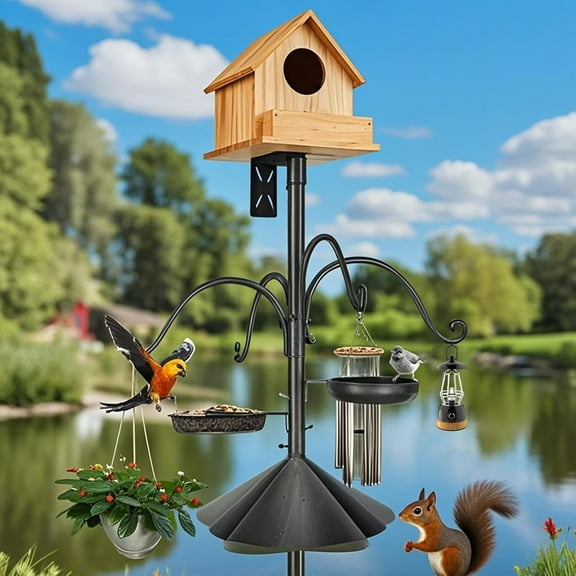 Heavy Duty Bird Feeder Pole Stand 92Inch - 5-Prong Base, 4 Shepherd Hooks & Squirrel-Proof Baffle for Hanging Feeders & Bird Baths, Sturdy Steel Outdoor Garden Decor