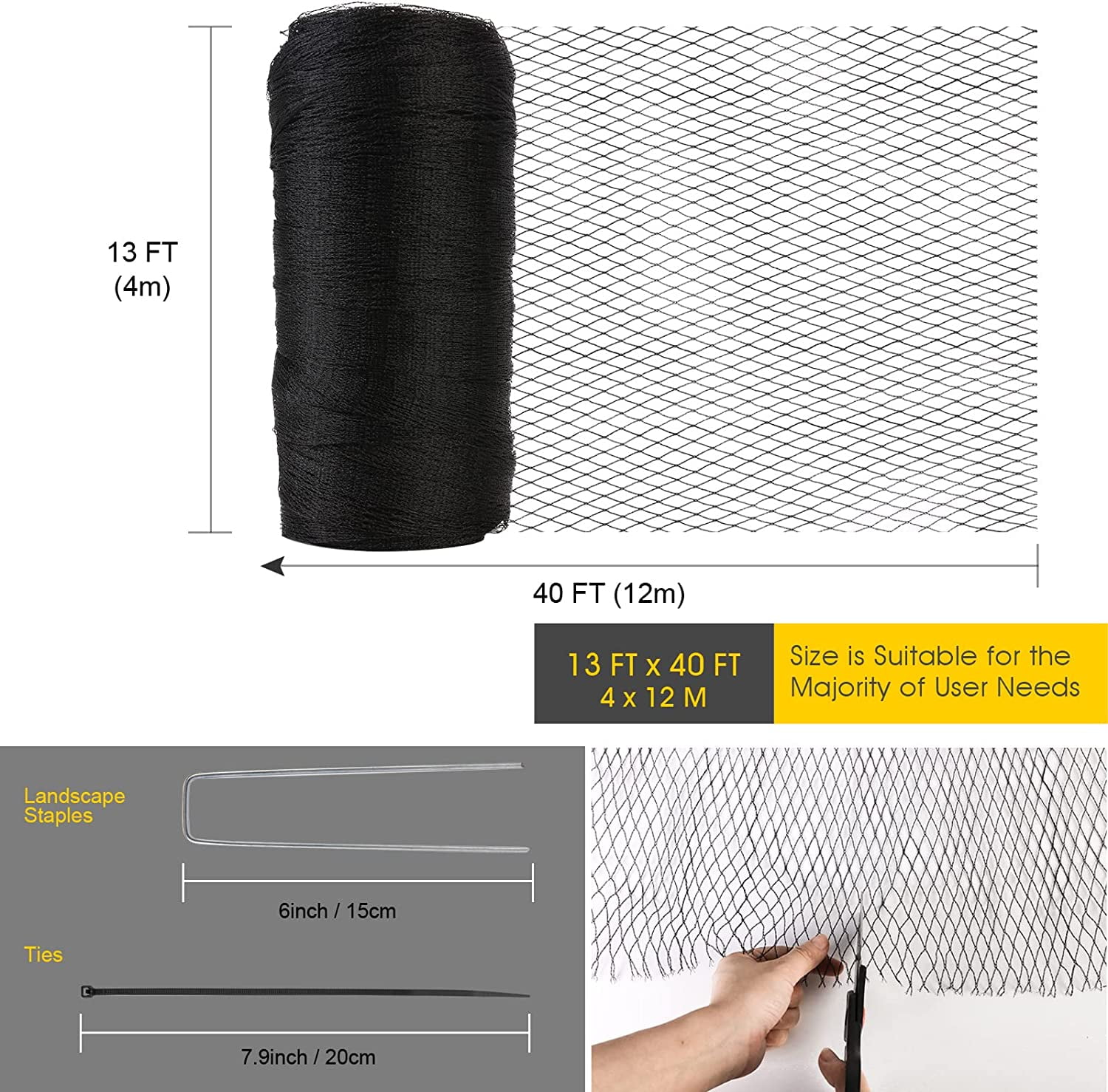 Heavy Duty Bird Netting for Garden - 13x40 FT 1/2 Inch Mesh with Ties and  for Protecting Plants from Birds, Deer, Squirrels