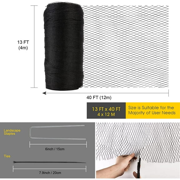 Heavy Duty Bird Netting for Garden - 13x40 FT 1/2 Inch Mesh with Ties and for Protecting Plants from Birds, Deer, Squirrels
