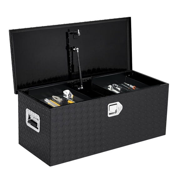 Heavy Duty Black Aluminum Truck Bed Tool Box, Diamond Plate, 30x15x15 in - Lockable, Weatherproof Storage Chest with Gas Strut Lid, Side Handles, for Pickup, RV, Trailer