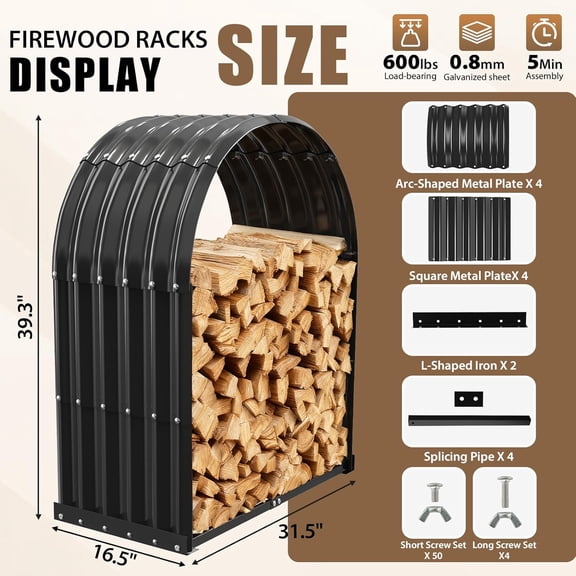 Heavy-Duty Black Firewood Storage Shed – Metal Log Holder with 32" Round Roof – Outdoor Wood Rack for , Deck & Fireplace – Weatherproof Lumber Stand for Firewood (2.7FT Diameter Roof)