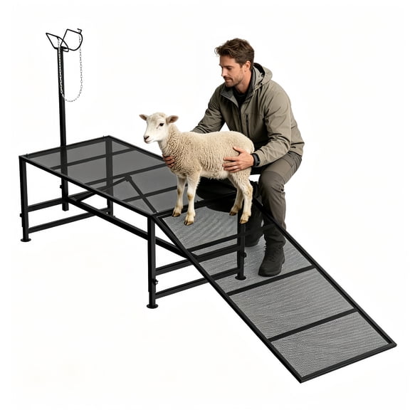 Heavy-Duty Black Goat Stand with Ramp, 500LBS 51x23" Adjustable Height Metal Sheep Trimming Stand, Ideal for Shearing Grooming Fitting