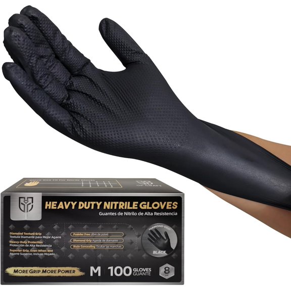 Heavy Duty Black Grip 8mil Gloves - Industrial Grade, Puncture & Resistant Safety Gloves