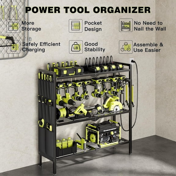 Heavy Duty Black Large Power Tool Organizer Cart | 8 Drill Holder Charging Station Stable Garage Standing Utility Tool Storage Shelf