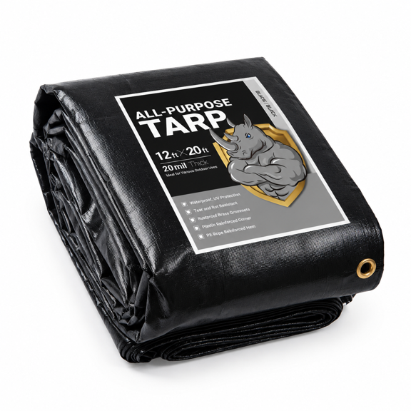 Heavy Duty Black Poly Tarp 12x20 Feet Waterproof 20mil Thick Tarpaulin