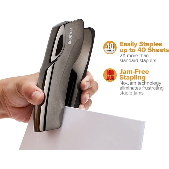 Heavy Duty Black  Stapler, 40 Sheet Capacity, Compact Design, Flat Clinch, Non-Skid Base
