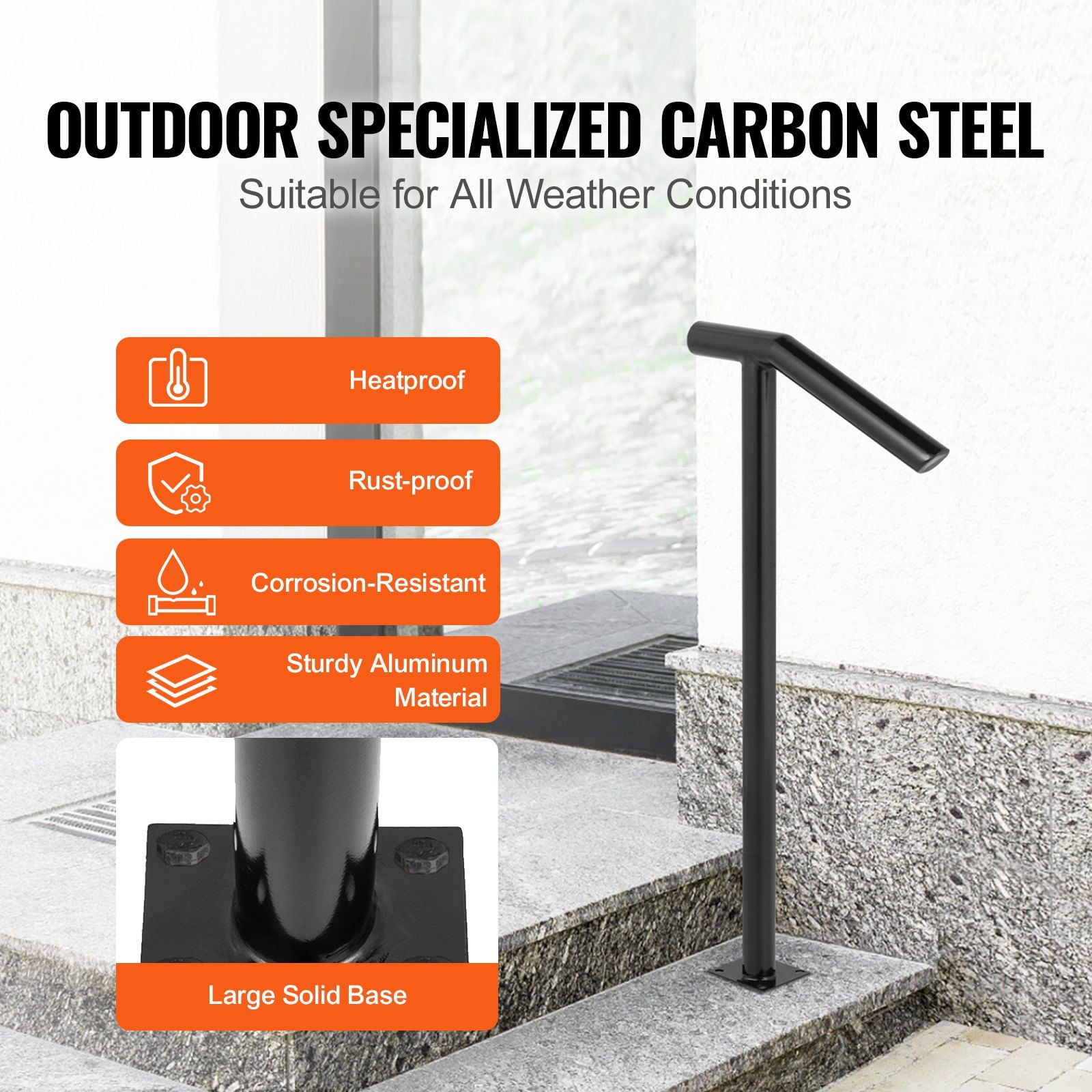 Support For Metal Railing Heavy-Duty Black Steel Step Railing, Supports 441LBS, Rust-Resistant ...