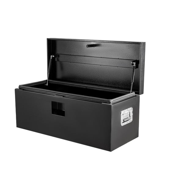 Heavy Duty Black Steel Truck Bed Tool Box with Dual Gas-Shock Grooved Lids - Lockable & Weatherproof Storage Chest for Pickup, RV, Trailer, Secure Metal Toolbox -2025 Model, Black with Orange Stripes