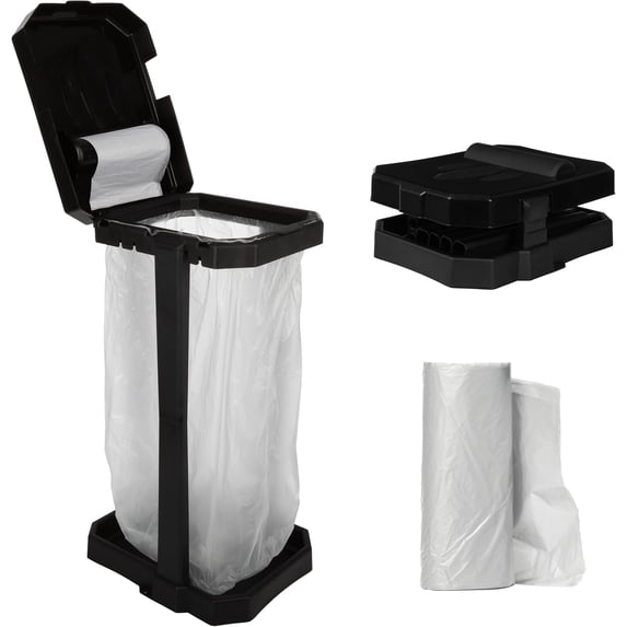 Heavy Duty Black Trash Bag Portable Trash Bag Holder Stand with 7 Bags - Collapsible Trash Can Camping, RV, Kitchen, or Tailgate Party Garbage Bag Holder