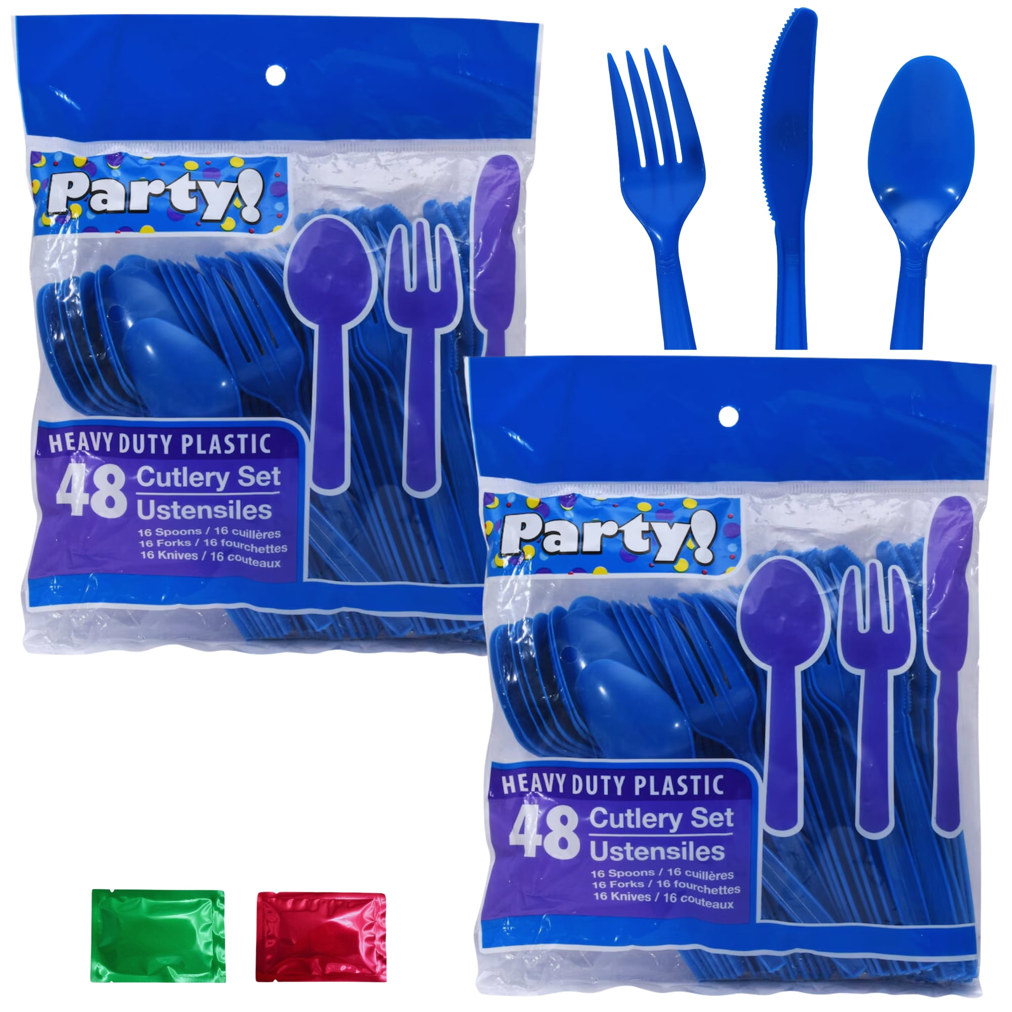 Heavy-Duty Blue Plastic Party Cutlery Set (2 Packs, 96 Pcs Total) Disposable Plastic Fork Knife Spoon Utensils for Parties Gatherings Birthday Wedding Events with 2 Snoep in Beperkte Oplage