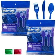 Heavy-Duty Blue Plastic Party Cutlery Set (2 Packs, 96 Pcs Total) Disposable Plastic Fork Knife Spoon Utensils for Parties Gatherings Birthday Wedding Events with 2 Snoep in Beperkte Oplage
